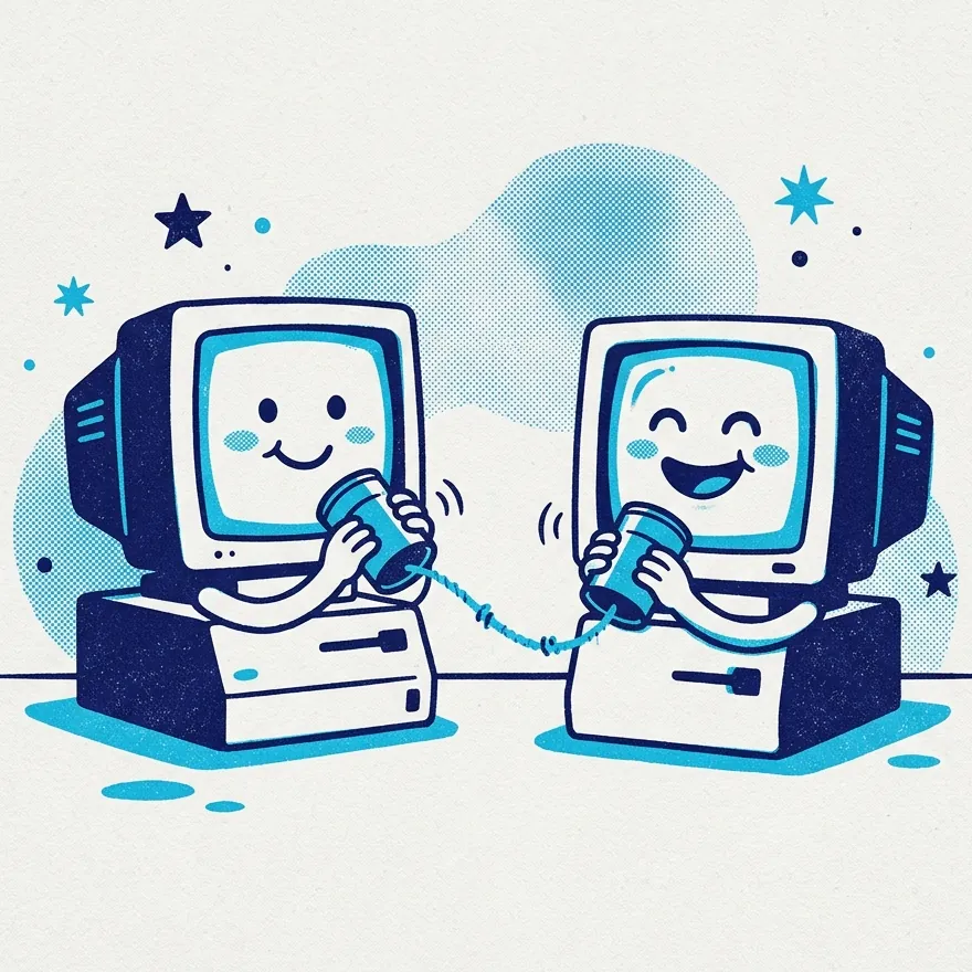 Print of two smiling old desktop computers connected by a tin-can telephone string.